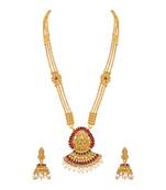 Royal 3 String Laxmi Pendent Temple Gold Plated Matinee Style Necklace Set For Women