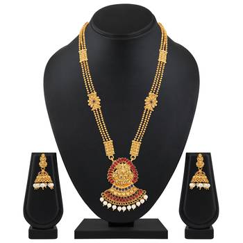 Royal 3 String Laxmi Pendent Temple Gold Plated Matinee Style Necklace Set For Women 2