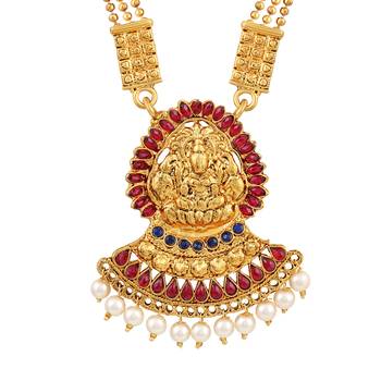 Royal 3 String Laxmi Pendent Temple Gold Plated Matinee Style Necklace Set For Women 3
