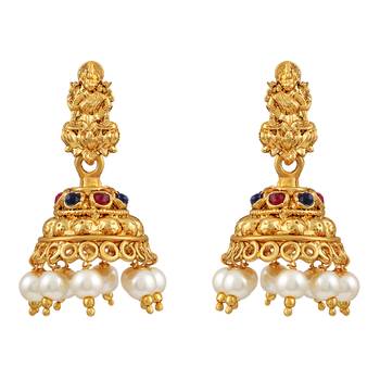 Royal 3 String Laxmi Pendent Temple Gold Plated Matinee Style Necklace Set For Women 4