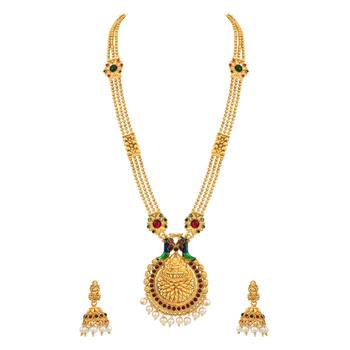 Glorious 3 String Long Peacock Design Meenakari Work Gold Plated Opera Style Necklace Set For Women 1