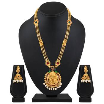 Glorious 3 String Long Peacock Design Meenakari Work Gold Plated Opera Style Necklace Set For Women 2
