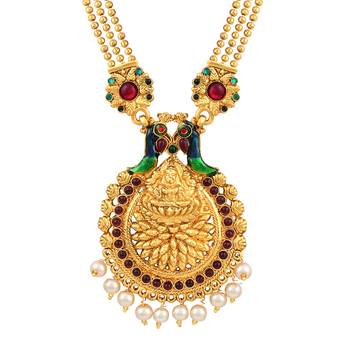 Glorious 3 String Long Peacock Design Meenakari Work Gold Plated Opera Style Necklace Set For Women 3