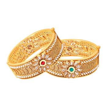 Fine Jalebi Shape Gold Plated Fancy Stone Bangle Set For Women 2