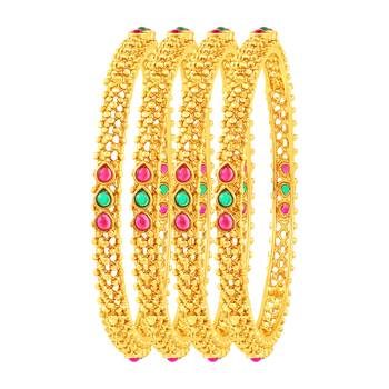 Glistening Gold Plated Fancy Stone Set Of 4 Bangles For Women 1