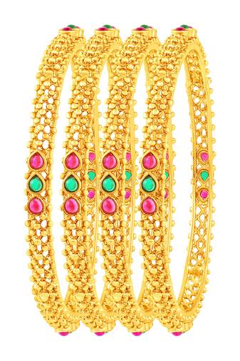 Glistening Gold Plated Fancy Stone Set Of 4 Bangles For Women