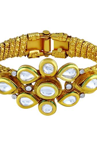 Resplendent Flower Design Gold Plated Kundan Kada For Women