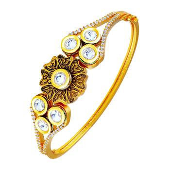 Glittery Heart Shape With Antique Work Gold Plated Ad Openable Kada For Women 2