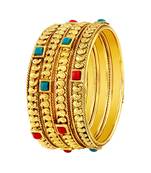 Stylish Traditional Gold Plated Red & Green Kundan Bangle Set For Women
