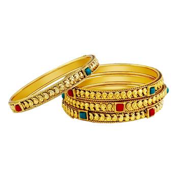 Stylish Traditional Gold Plated Red & Green Kundan Bangle Set For Women 2