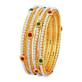 Astonish Traditional Gold Plated Red & Green Stone Bangle Set For Women 1