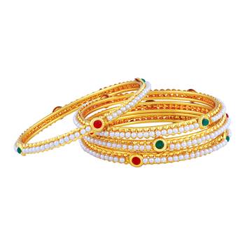 Astonish Traditional Gold Plated Red & Green Stone Bangle Set For Women 2