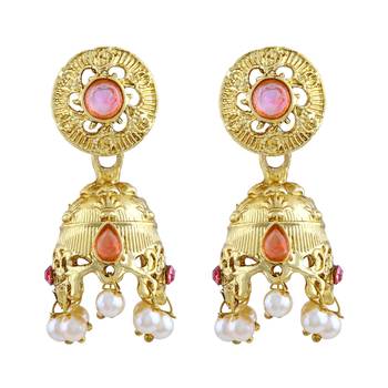 Modish Round Shape Pink Kundan Gold Plated Jhumki Earring For Women 1