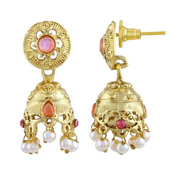 Modish Round Shape Pink Kundan Gold Plated Jhumki Earring For Women 4