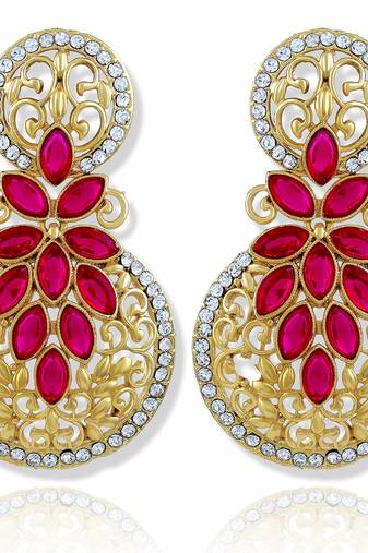 Resplendent Round Stone Filigree Gold Plated Drop Earring For Women