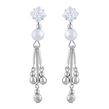 Dazzling White Stone Rhodium Plated Dangle Earring For Women 1