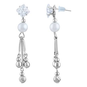 Dazzling White Stone Rhodium Plated Dangle Earring For Women 3
