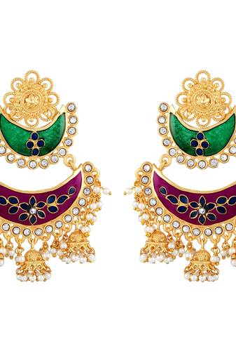 Luxurious Chandbali Shape With Meenakari Work Gold Plated Jhumki Earring For Women