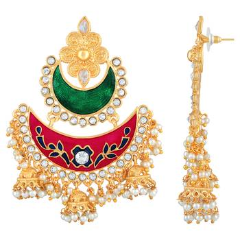 Traditionally Chandbali Shape With Meenakari Work Gold Plated Jhumki Earring For Women 3