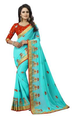 Sky blue embroidered pure georgette saree with blouse 1