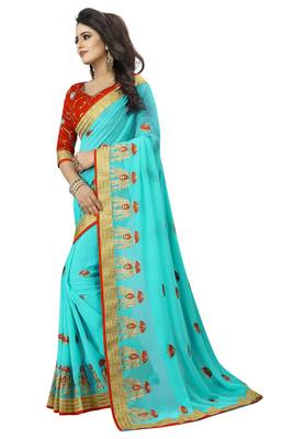 Sky blue embroidered pure georgette saree with blouse 2