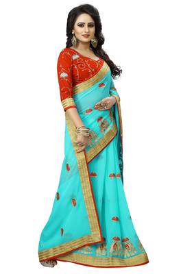 Sky blue embroidered pure georgette saree with blouse 3