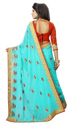 Sky blue embroidered pure georgette saree with blouse 4