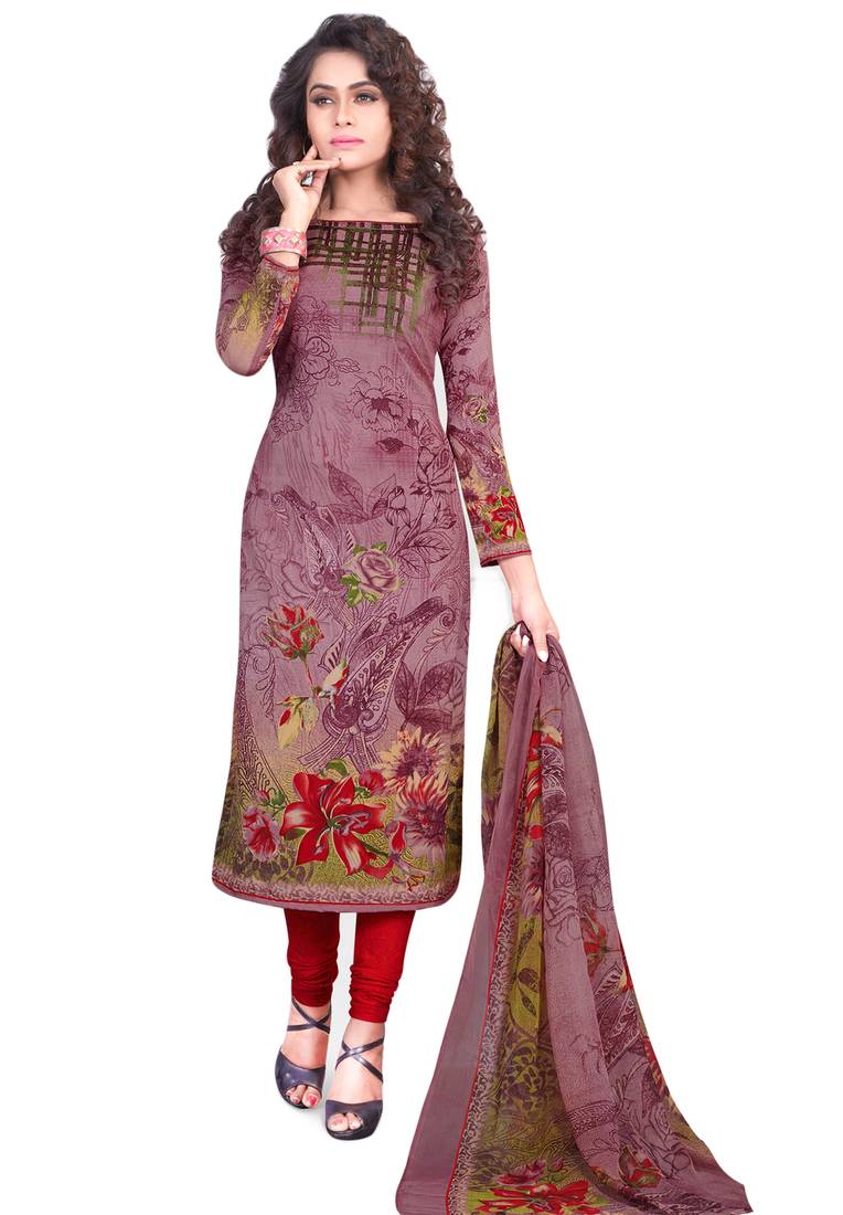 Burgundy & Red Synthetic Printed Dress Material With Dupatta