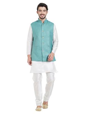irin Ethnic Blended Cotton Teal Koti (Waistcoat) And White Kurta Churidar For Men 1