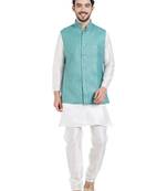 irin Ethnic Blended Cotton Teal Koti (Waistcoat) And White Kurta Churidar For Men