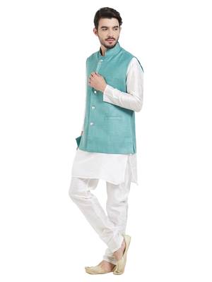 irin Ethnic Blended Cotton Teal Koti (Waistcoat) And White Kurta Churidar For Men 2