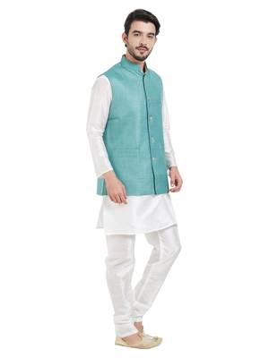 irin Ethnic Blended Cotton Teal Koti (Waistcoat) And White Kurta Churidar For Men 3