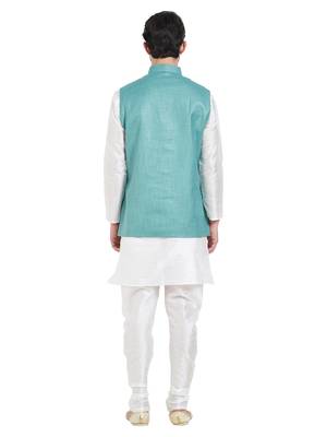 irin Ethnic Blended Cotton Teal Koti (Waistcoat) And White Kurta Churidar For Men 4