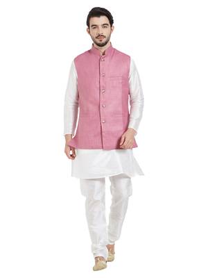 Irin Ethnic Blended Cotton Pink Koti (Waistcoat) And White Kurta Churidar For Men 1