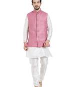 Irin Ethnic Blended Cotton Pink Koti (Waistcoat) And White Kurta Churidar For Men
