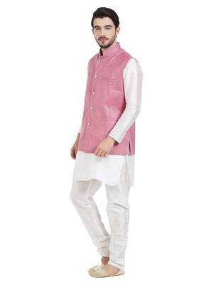 Irin Ethnic Blended Cotton Pink Koti (Waistcoat) And White Kurta Churidar For Men 2