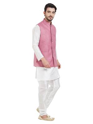 Irin Ethnic Blended Cotton Pink Koti (Waistcoat) And White Kurta Churidar For Men 3