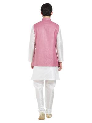 Irin Ethnic Blended Cotton Pink Koti (Waistcoat) And White Kurta Churidar For Men 4