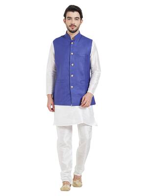 irin Ethnic Blended Cotton Royal Blue Koti (Waistcoat) And White Kurta Churidar For Men 1