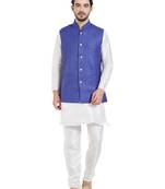 irin Ethnic Blended Cotton Royal Blue Koti (Waistcoat) And White Kurta Churidar For Men