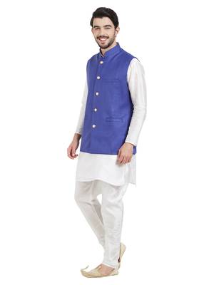 irin Ethnic Blended Cotton Royal Blue Koti (Waistcoat) And White Kurta Churidar For Men 2