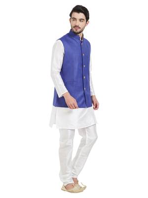 irin Ethnic Blended Cotton Royal Blue Koti (Waistcoat) And White Kurta Churidar For Men 3