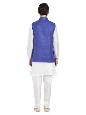 irin Ethnic Blended Cotton Royal Blue Koti (Waistcoat) And White Kurta Churidar For Men 4