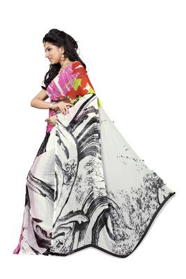 White printed georgette saree with blouse 3