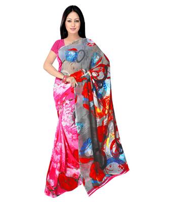 Pink printed georgette saree with blouse 1