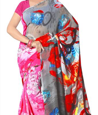 Pink printed georgette saree with blouse 3