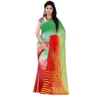 Green printed georgette saree with blouse 1