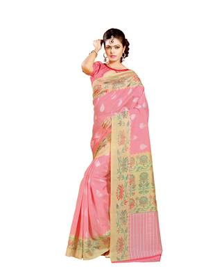 Pink printed silk saree with blouse 1