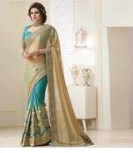 Cyan embroidered georgette saree with blouse