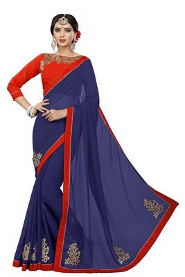 Navy blue embroidered georgette saree with blouse 1
